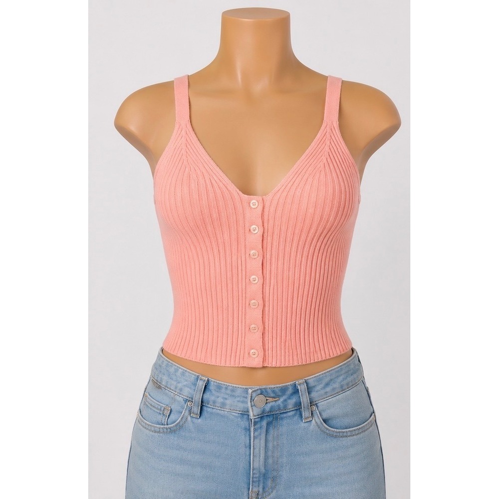 Aerie Ribbed Button Down Tank Top Coral Pink V-Neck Knit Crop Top Large NEW